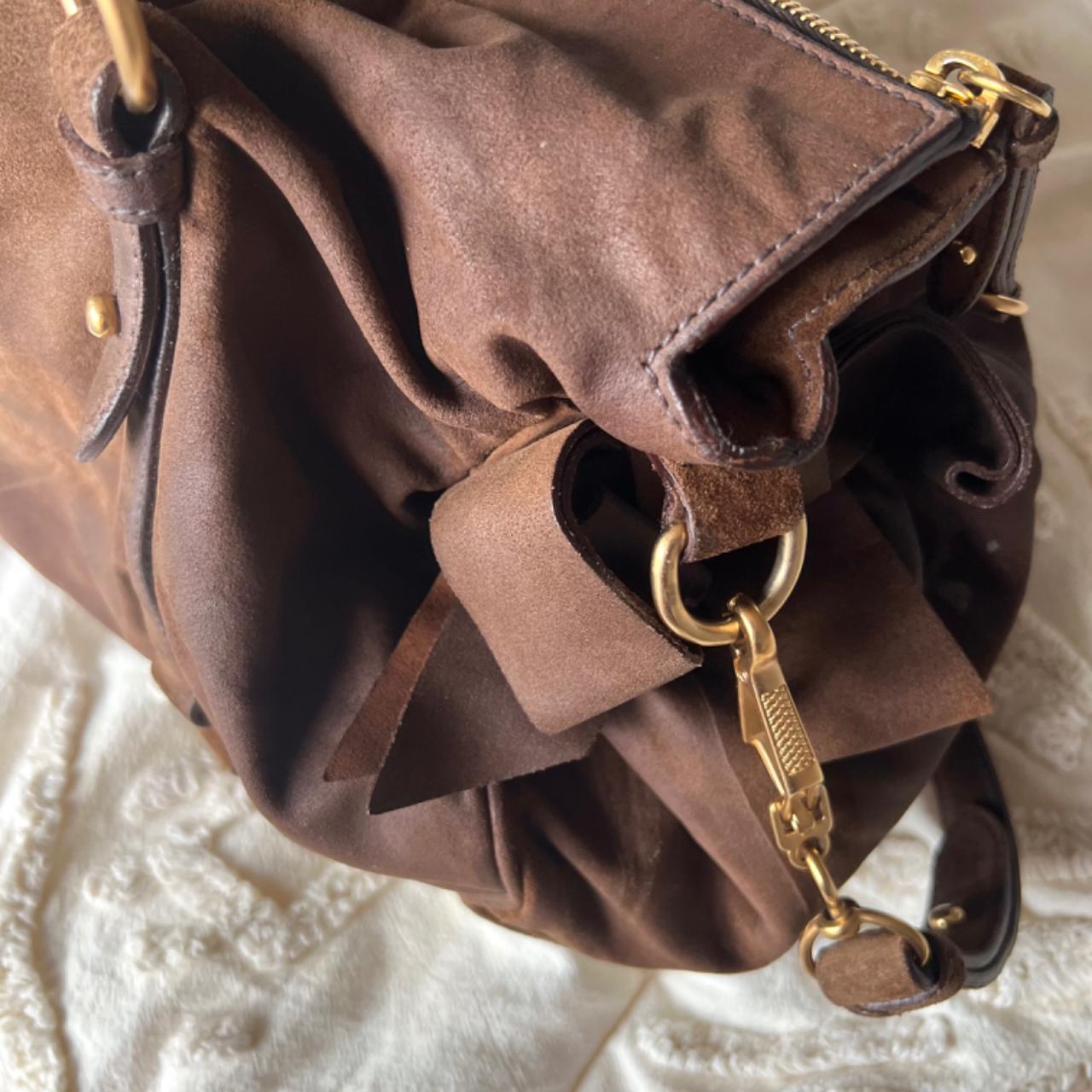 Authentic Miu Miu Vitello Lux Bow Bag – Dark Brown Suede with Gold Hardware
