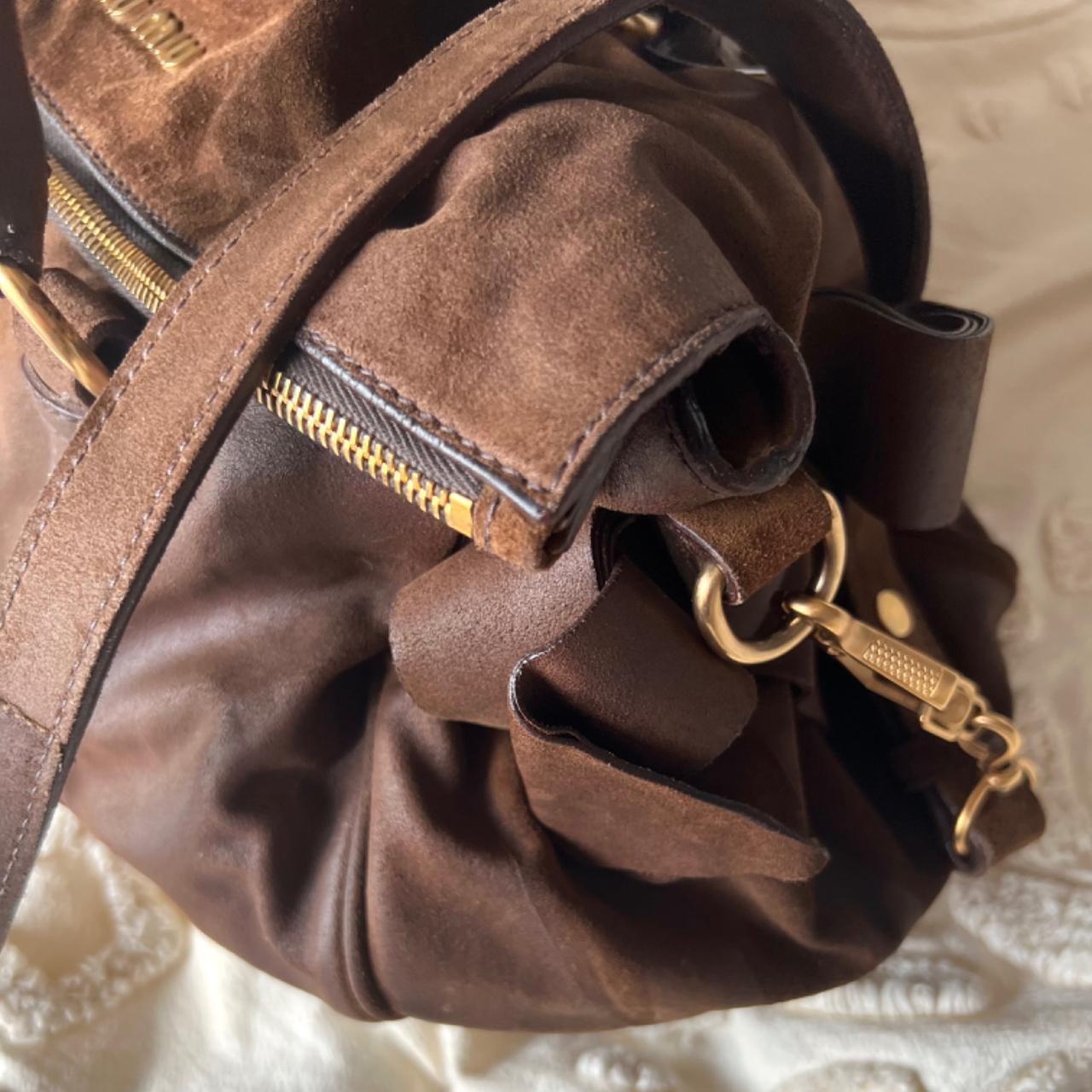 Authentic Miu Miu Vitello Lux Bow Bag – Dark Brown Suede with Gold Hardware