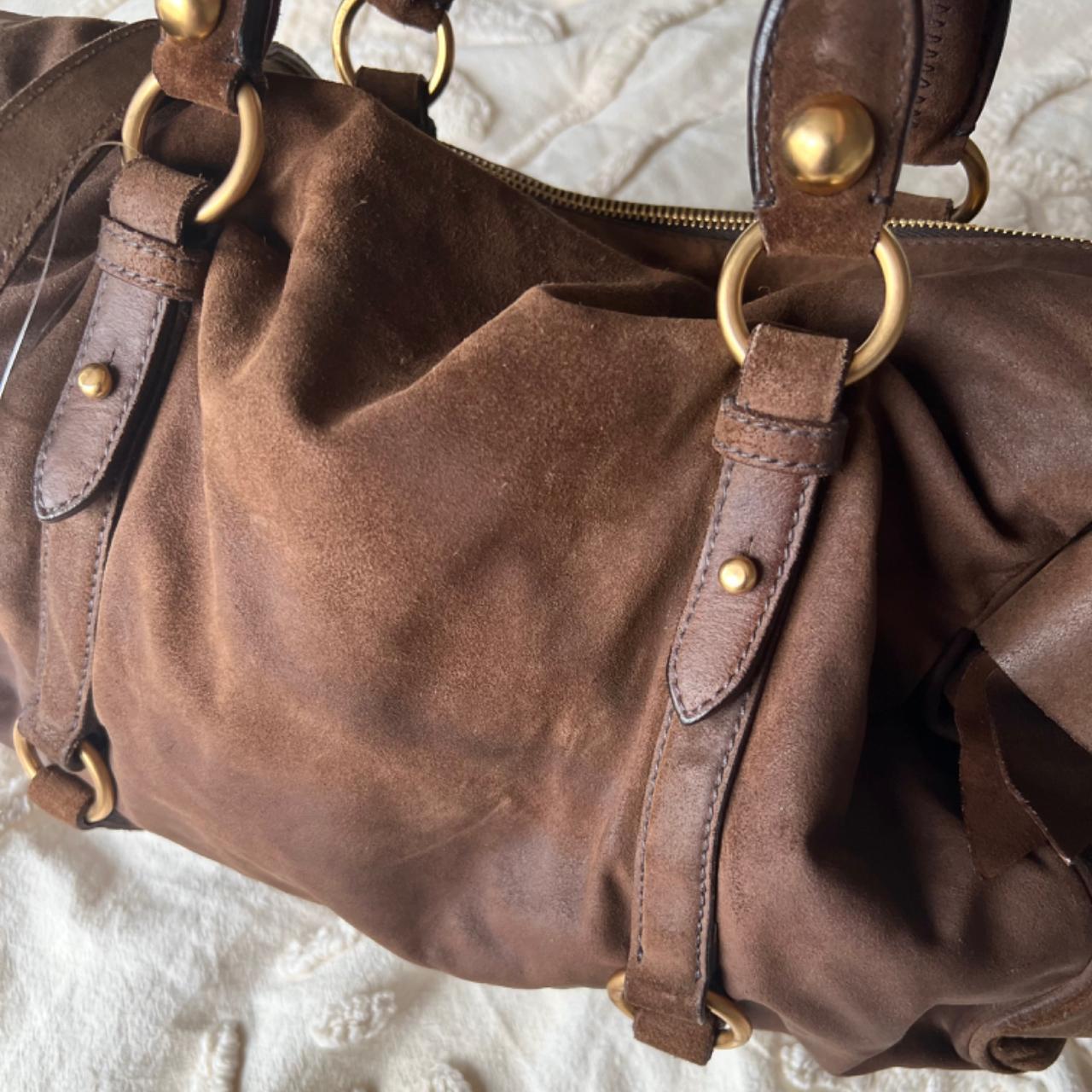 Authentic Miu Miu Vitello Lux Bow Bag – Dark Brown Suede with Gold Hardware