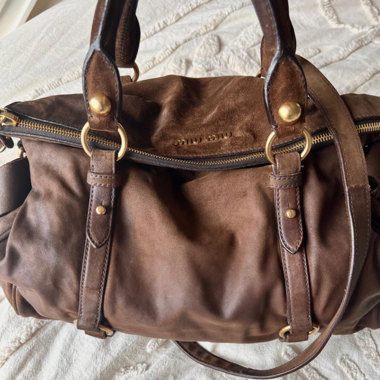 Authentic Miu Miu Vitello Lux Bow Bag – Dark Brown Suede with Gold Hardware