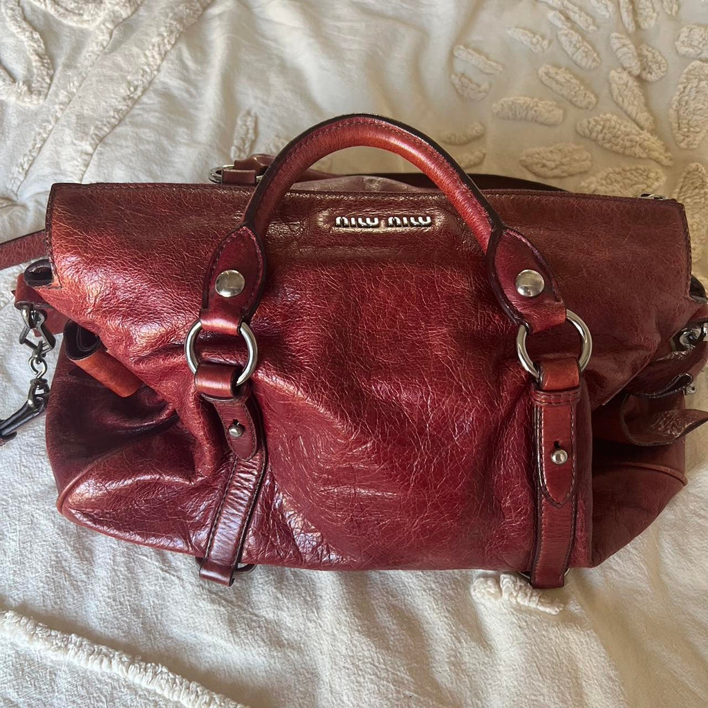 Authentic Burgundy Miu Miu Vitello Lux Bow Bag – Silver Hardware & Removable Strap