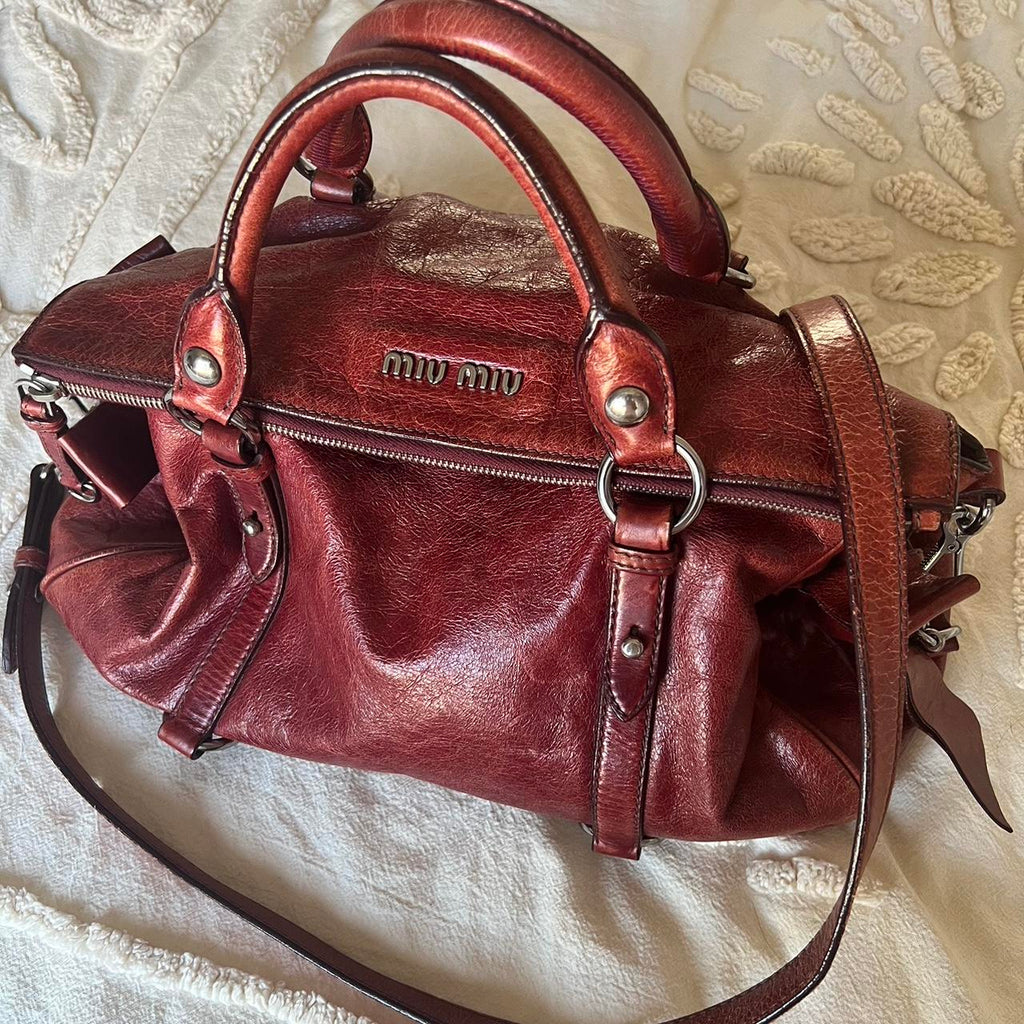 Authentic Burgundy Miu Miu Vitello Lux Bow Bag – Silver Hardware & Removable Strap