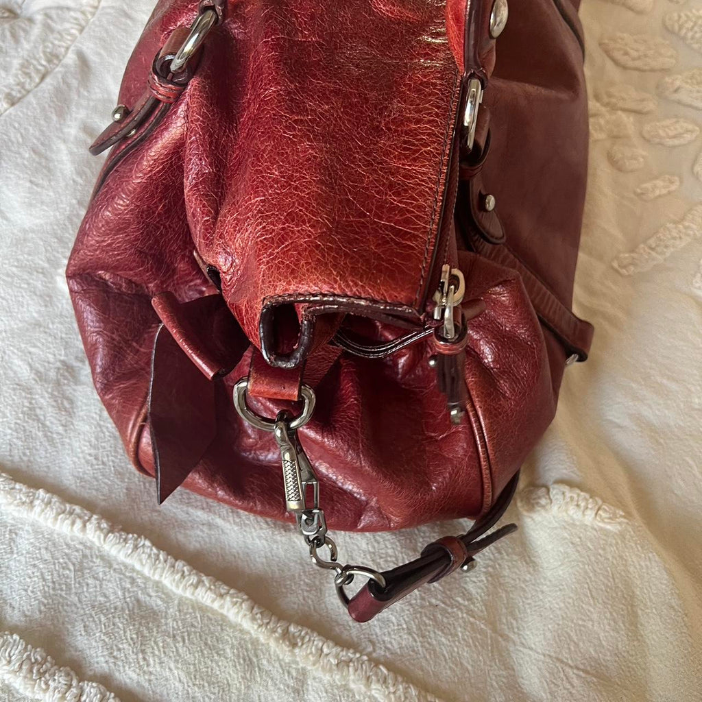 Authentic Burgundy Miu Miu Vitello Lux Bow Bag – Silver Hardware & Removable Strap