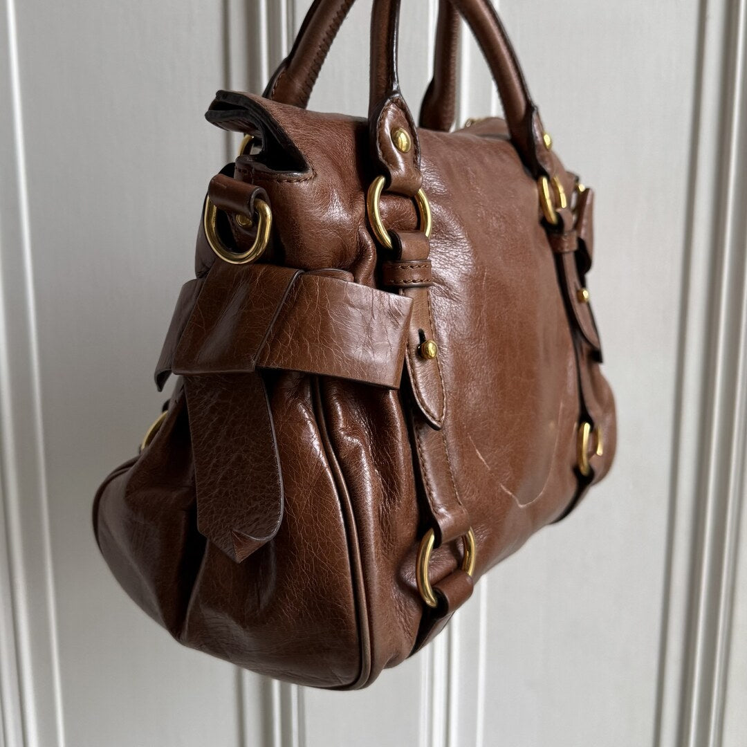 PreOwned Miu Miu Mini Vitello Lux Brown Leather Handbag