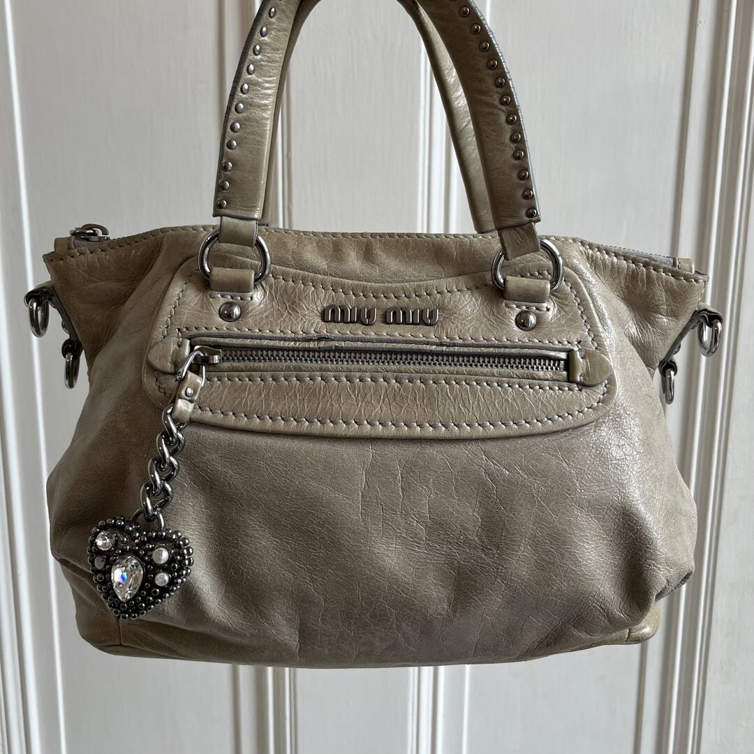 PreOwned Miu Miu Studded Charm Leather Beige Shoulder Bag