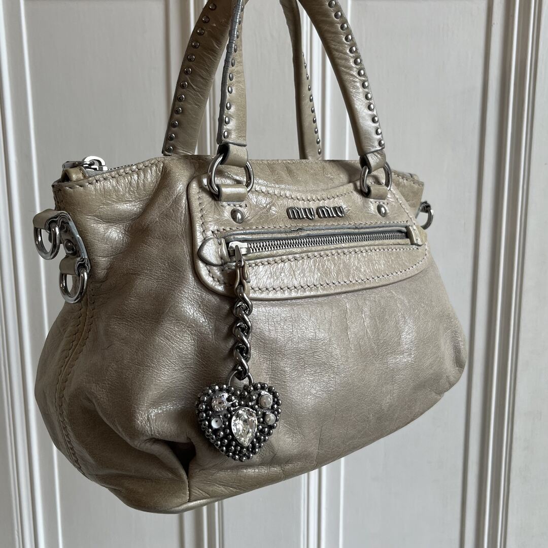PreOwned Miu Miu Studded Charm Leather Beige Shoulder Bag