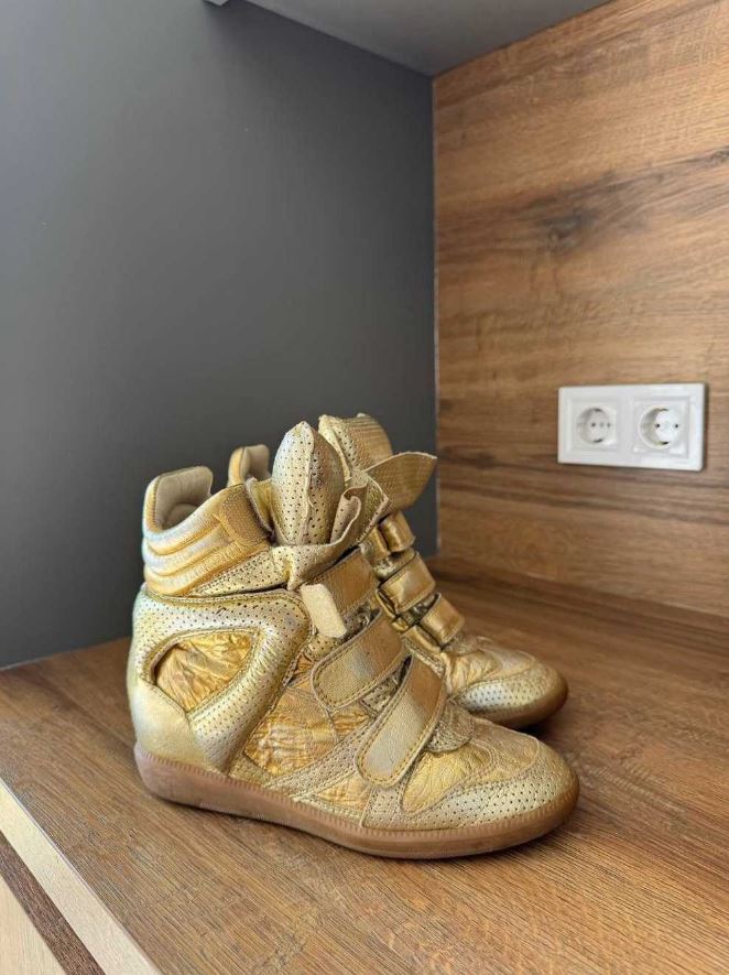 Isabel Marant Metallic Gold Leather Bird Sneaker Wedges