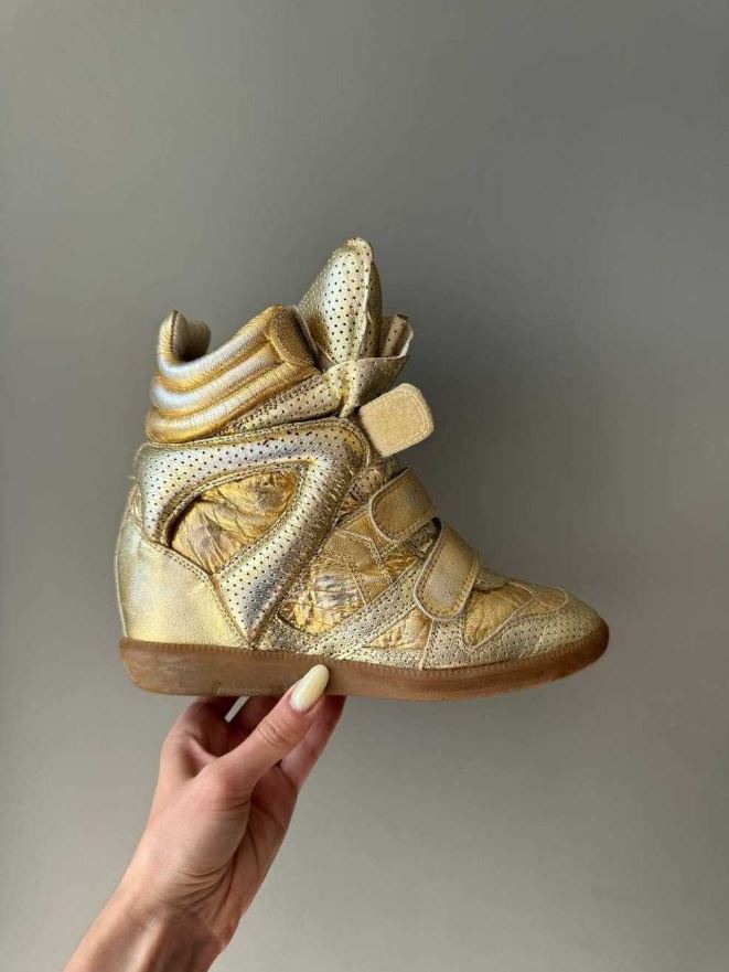 Isabel Marant Metallic Gold Leather Bird Sneaker Wedges