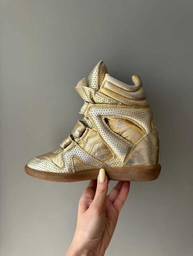 Isabel Marant Metallic Gold Leather Bird Sneaker Wedges