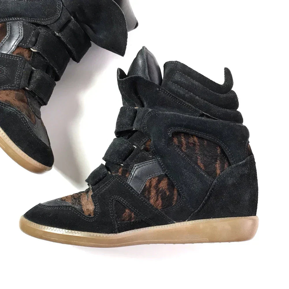 Isabel Marant Bekett Wedge Sneakers Pony Hair Brown Black Suede Leather