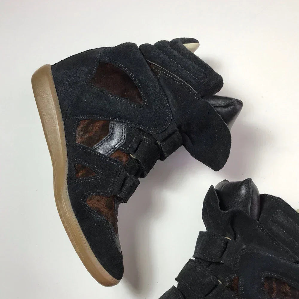 Isabel Marant Bekett Wedge Sneakers Pony Hair Brown Black Suede Leather
