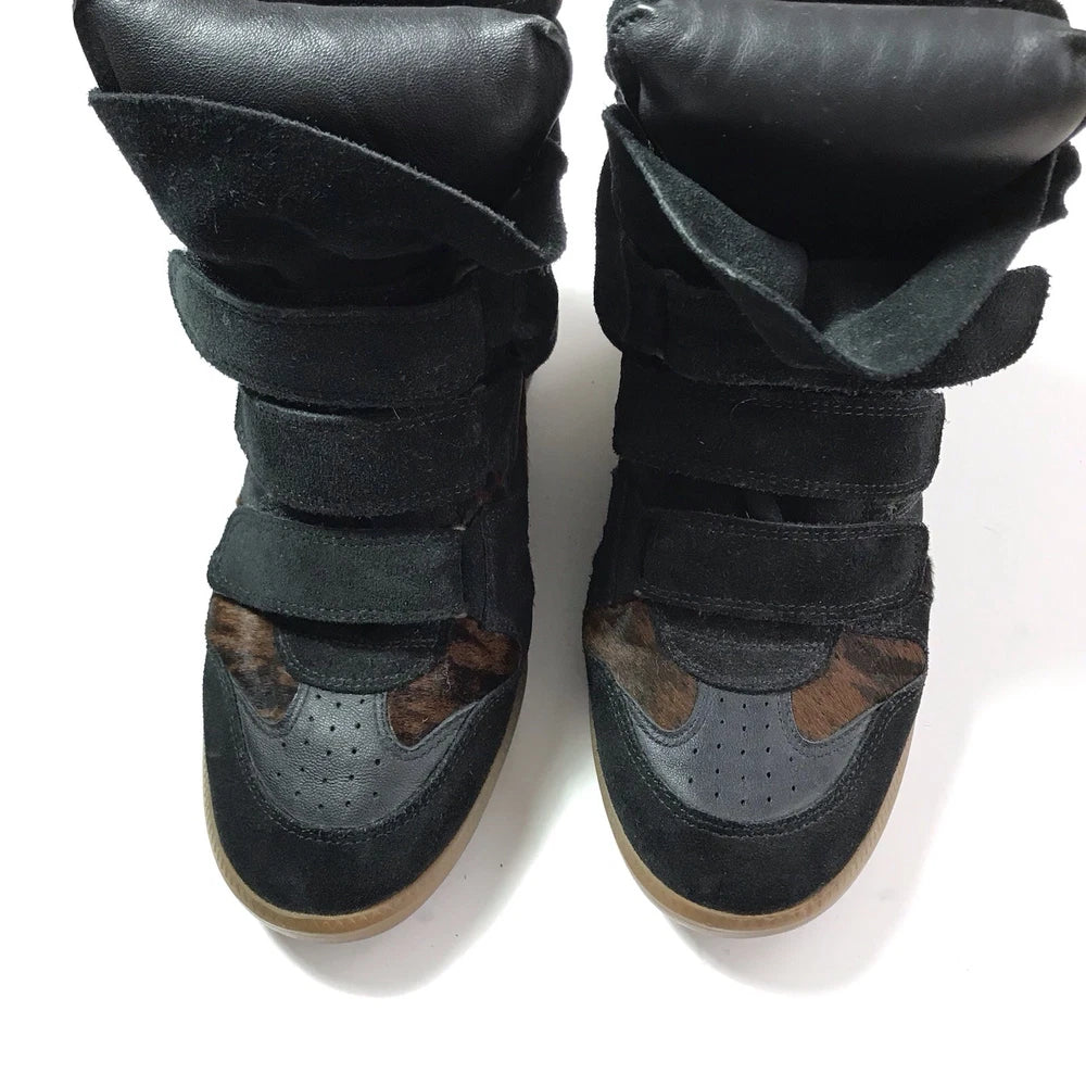 Isabel Marant Bekett Wedge Sneakers Pony Hair Brown Black Suede Leather