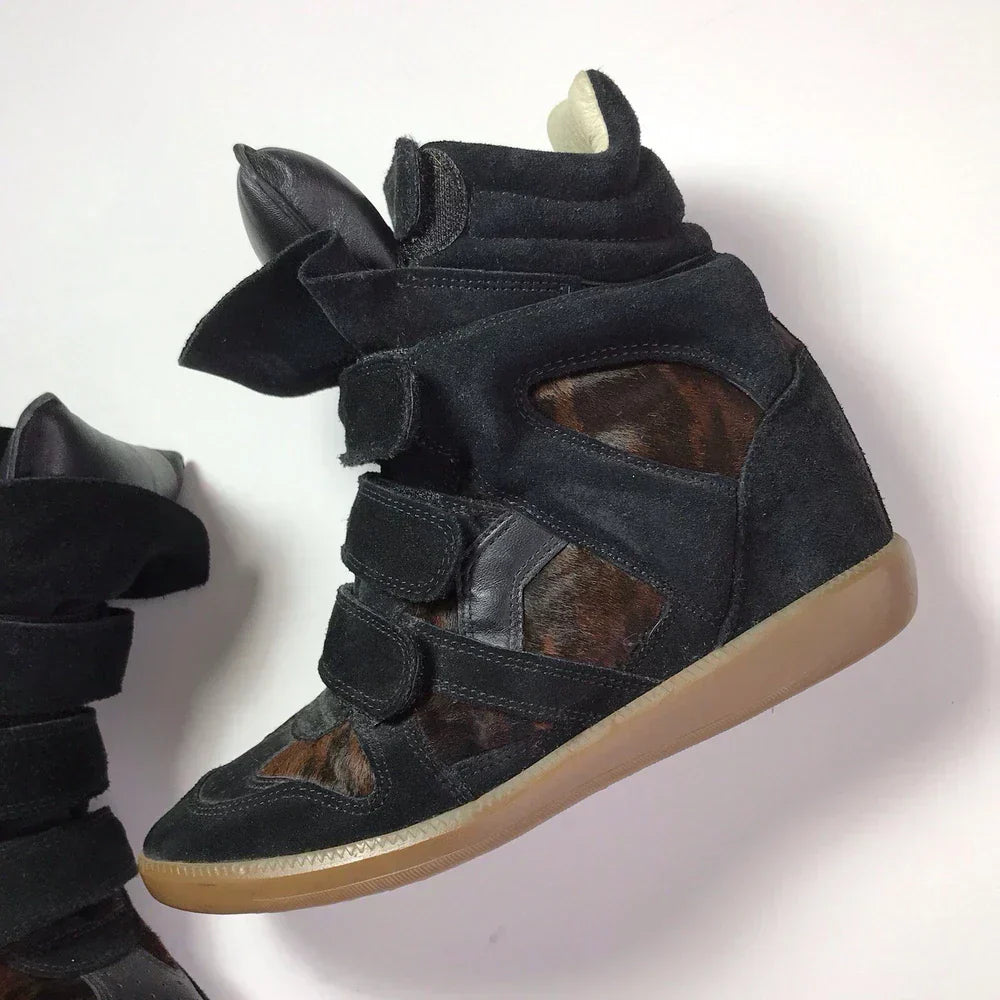 Isabel Marant Bekett Wedge Sneakers Pony Hair Brown Black Suede Leather