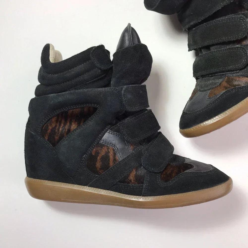 Isabel Marant Bekett Wedge Sneakers Pony Hair Brown Black Suede Leather