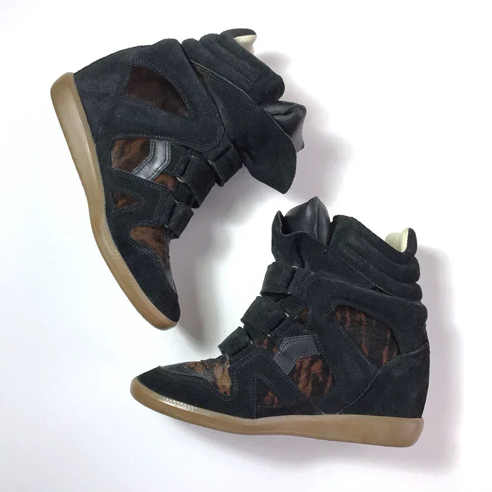 Isabel Marant Bekett Wedge Sneakers Pony Hair Brown Black Suede Leather