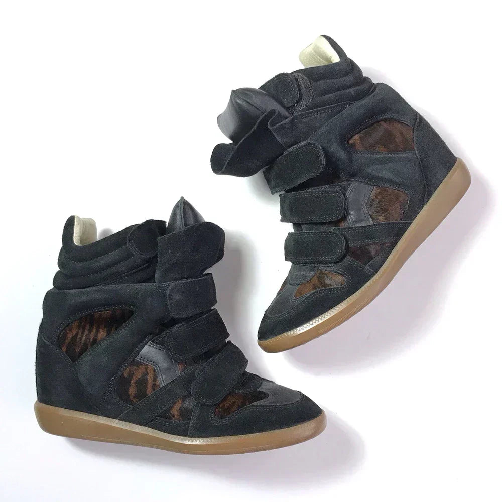 Isabel Marant Bekett Wedge Sneakers Pony Hair Brown Black Suede Leather